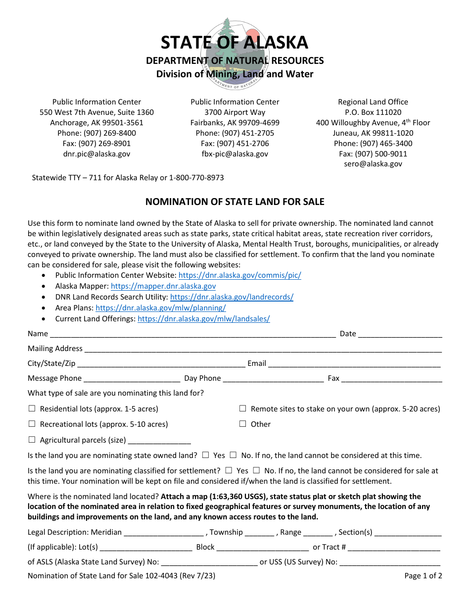 Form 102-4043 Nomination of State Land for Sale - Alaska, Page 1