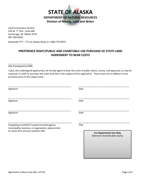 Preference Right / Public and Charitable Use Purchase of State Land Agreement to Bear Costs - Alaska Download Pdf