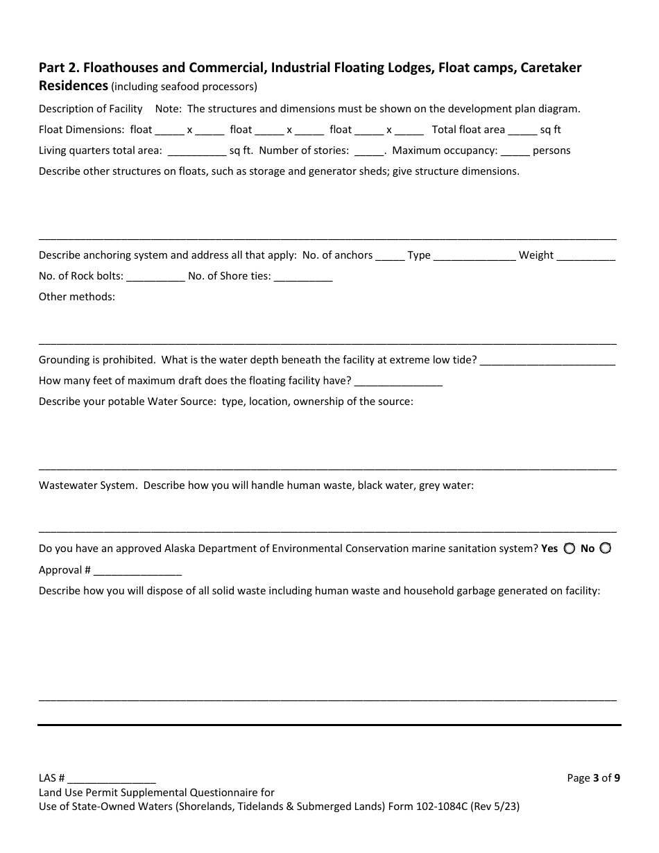 Form 102-1084C Land Use Permit Application Supplemental Questionnaire for: Use of State-Owned Waters (Shorelands, Tidelands  Submerged Lands) - Alaska, Page 3