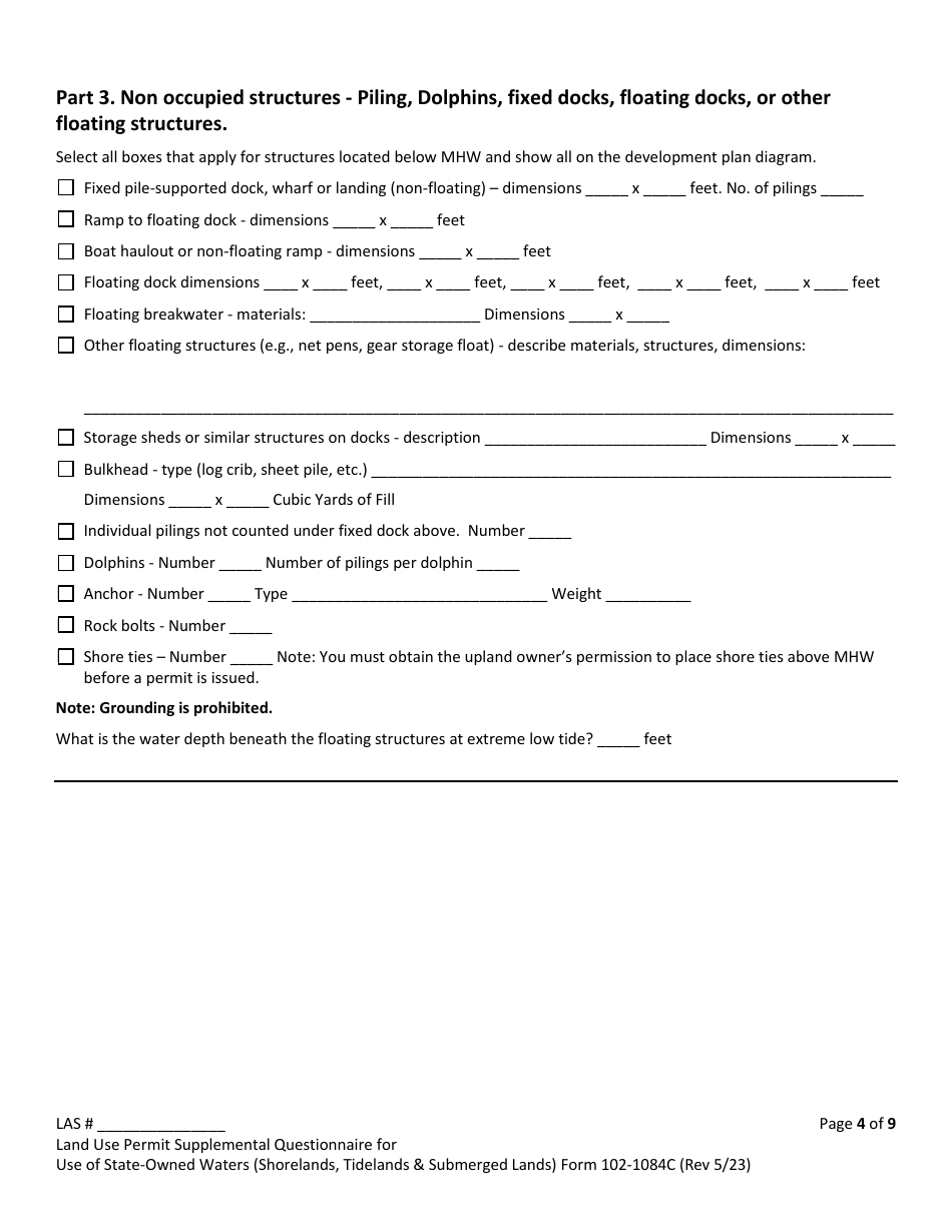 Form 102-1084C Land Use Permit Application Supplemental Questionnaire for: Use of State-Owned Waters (Shorelands, Tidelands  Submerged Lands) - Alaska, Page 4