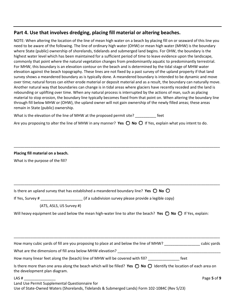 Form 102-1084C Land Use Permit Application Supplemental Questionnaire for: Use of State-Owned Waters (Shorelands, Tidelands  Submerged Lands) - Alaska, Page 5