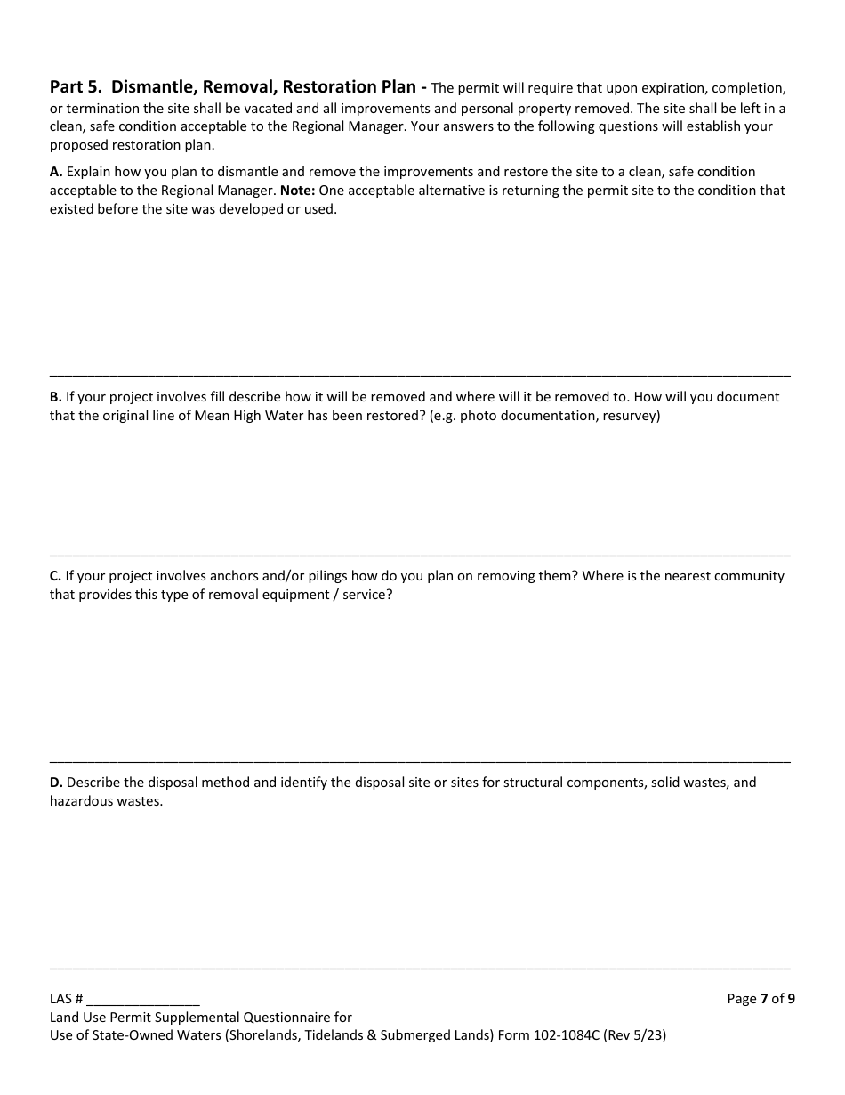 Form 102-1084C Land Use Permit Application Supplemental Questionnaire for: Use of State-Owned Waters (Shorelands, Tidelands  Submerged Lands) - Alaska, Page 7
