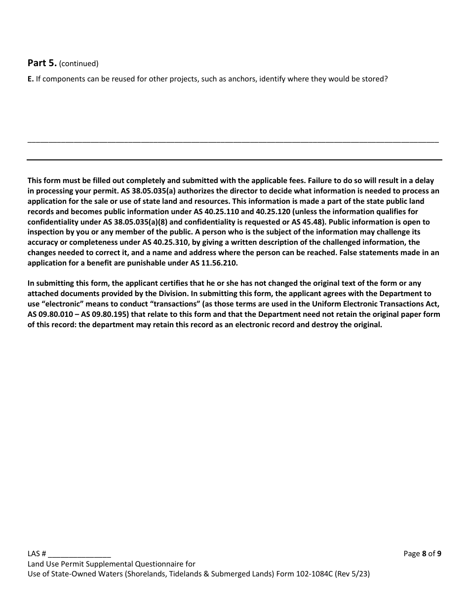 Form 102-1084C Land Use Permit Application Supplemental Questionnaire for: Use of State-Owned Waters (Shorelands, Tidelands  Submerged Lands) - Alaska, Page 8