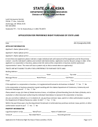 Document preview: Application for Preference Right Purchase of State Land - Alaska