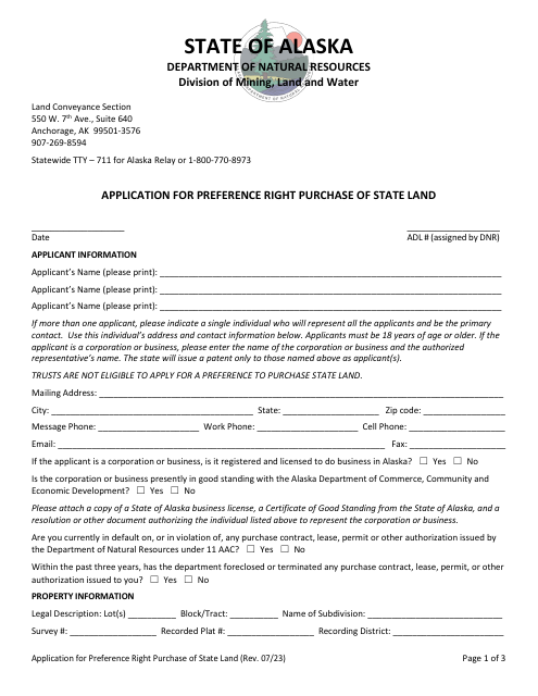 Application for Preference Right Purchase of State Land - Alaska Download Pdf