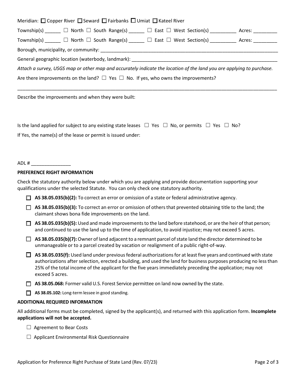 Application for Preference Right Purchase of State Land - Alaska, Page 2