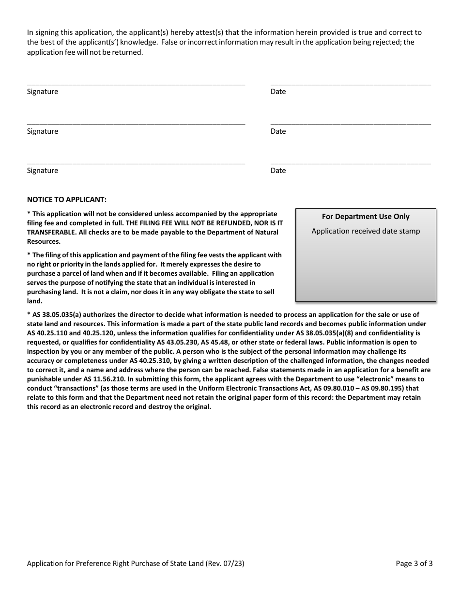 Application for Preference Right Purchase of State Land - Alaska, Page 3