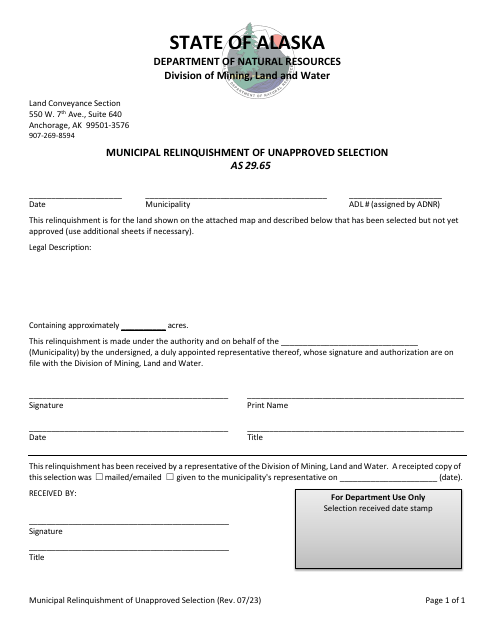 Municipal Relinquishment of Unapproved Selection - Alaska Download Pdf