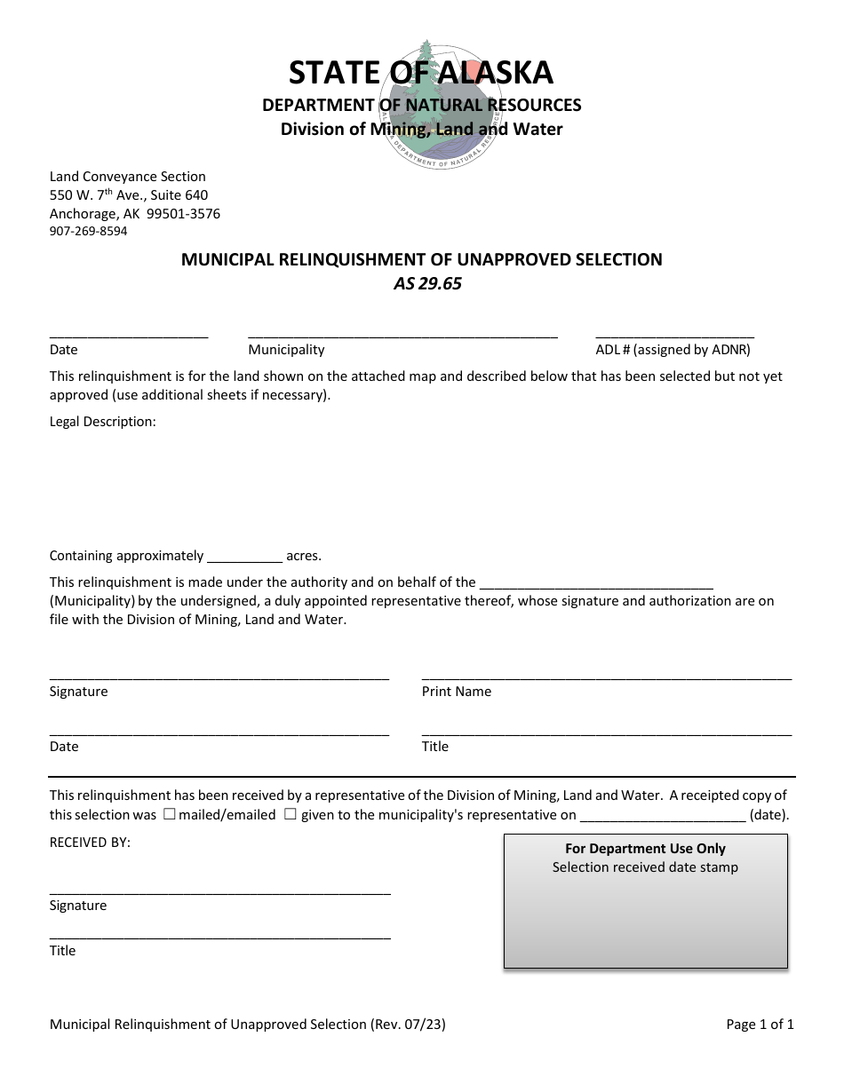 Alaska Municipal Relinquishment of Unapproved Selection - Fill Out ...