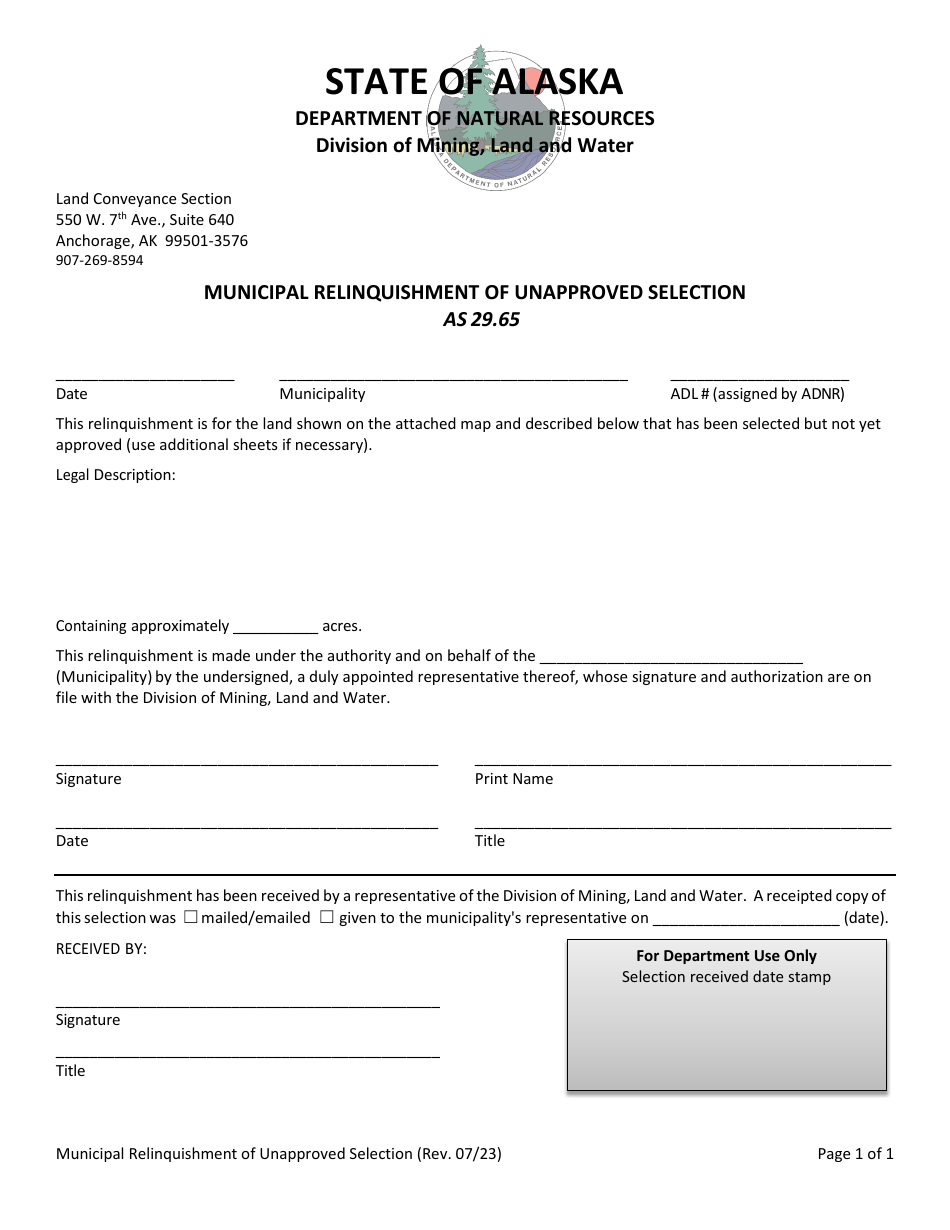 Municipal Relinquishment of Unapproved Selection - Alaska, Page 1