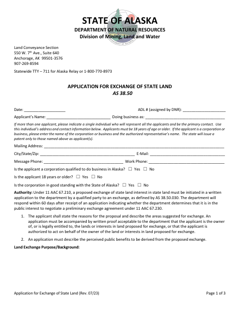 Application for Exchange of State Land - Alaska Download Pdf