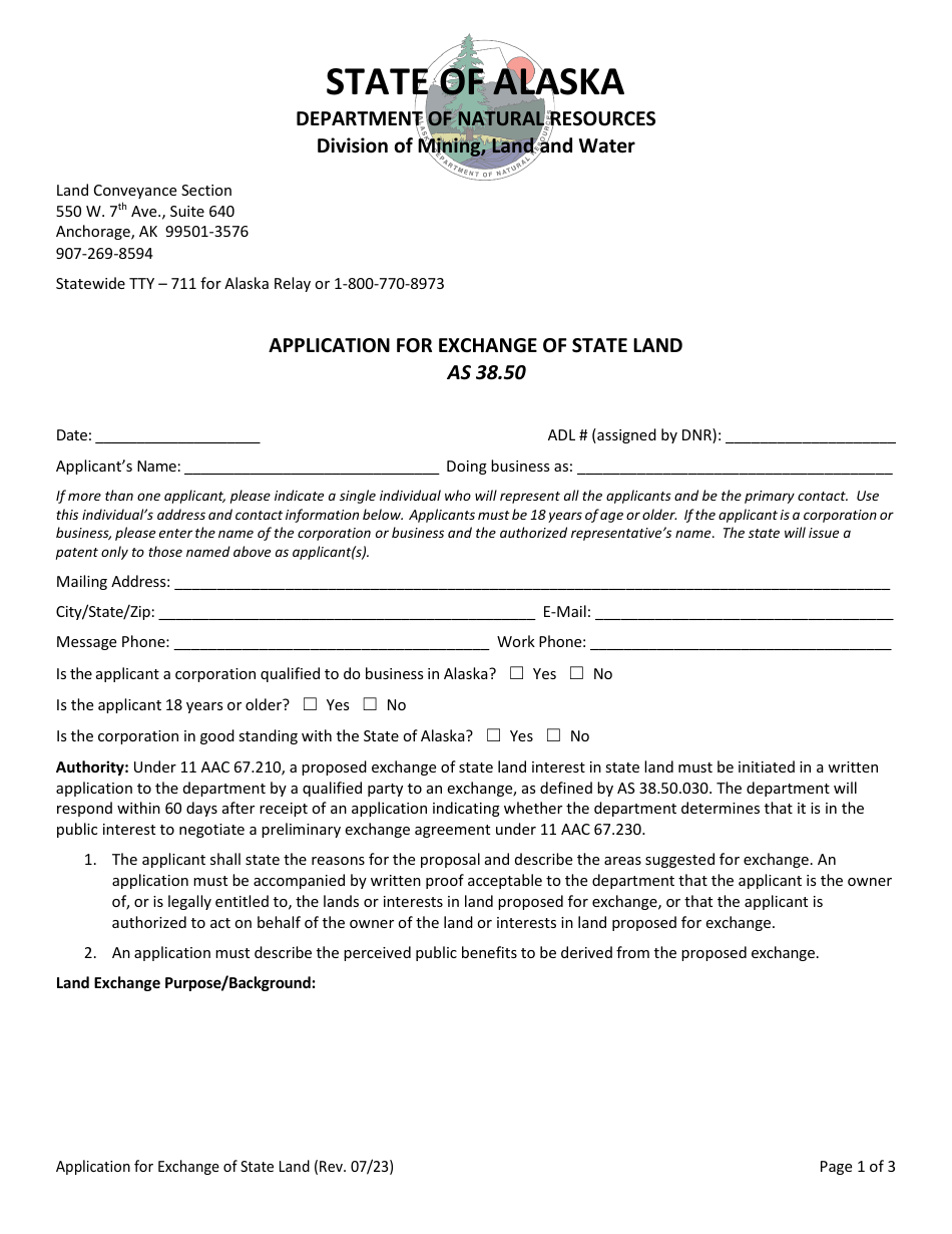Application for Exchange of State Land - Alaska, Page 1