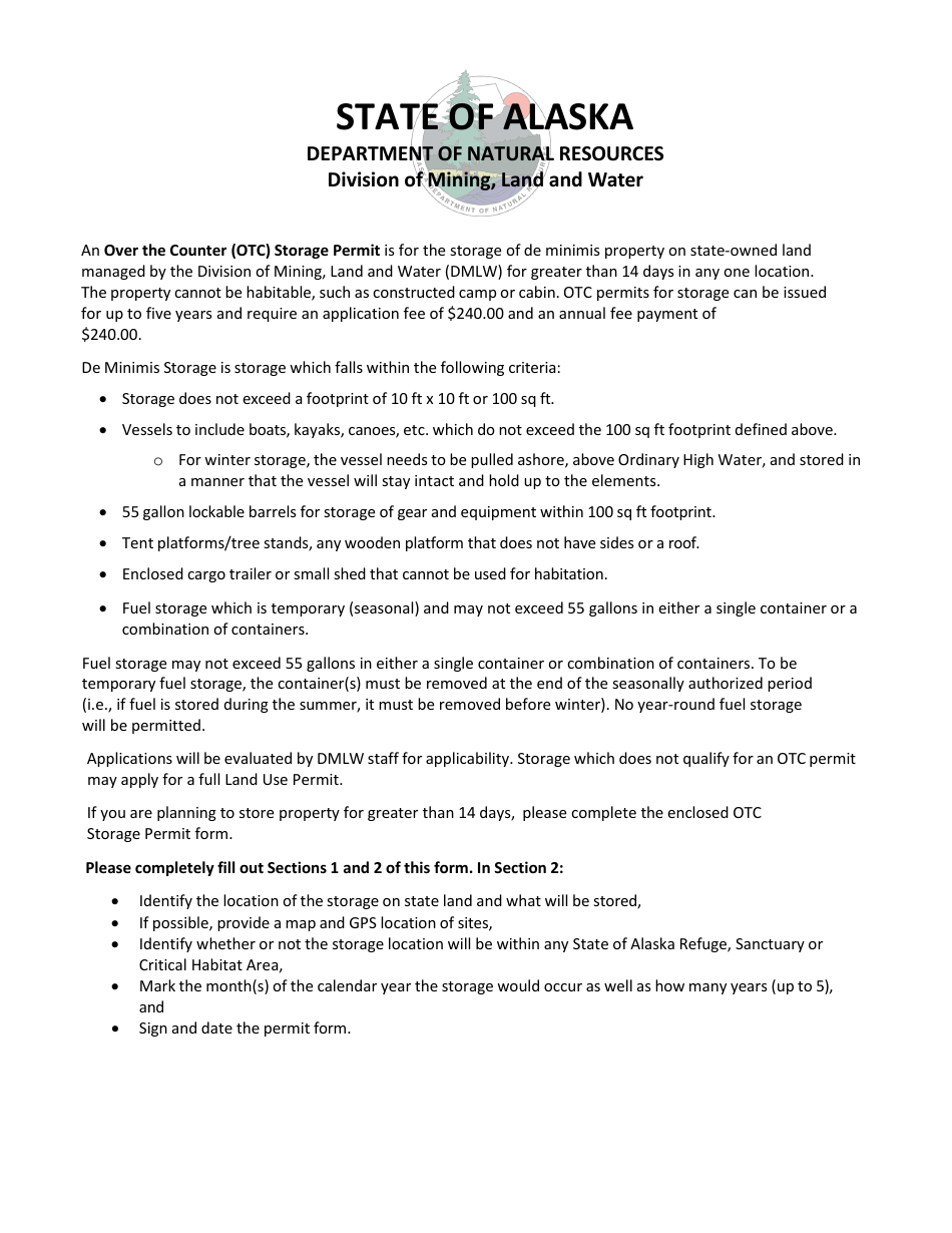 Alaska Over the Counter Storage Permit Application Fill Out, Sign Online and Download PDF