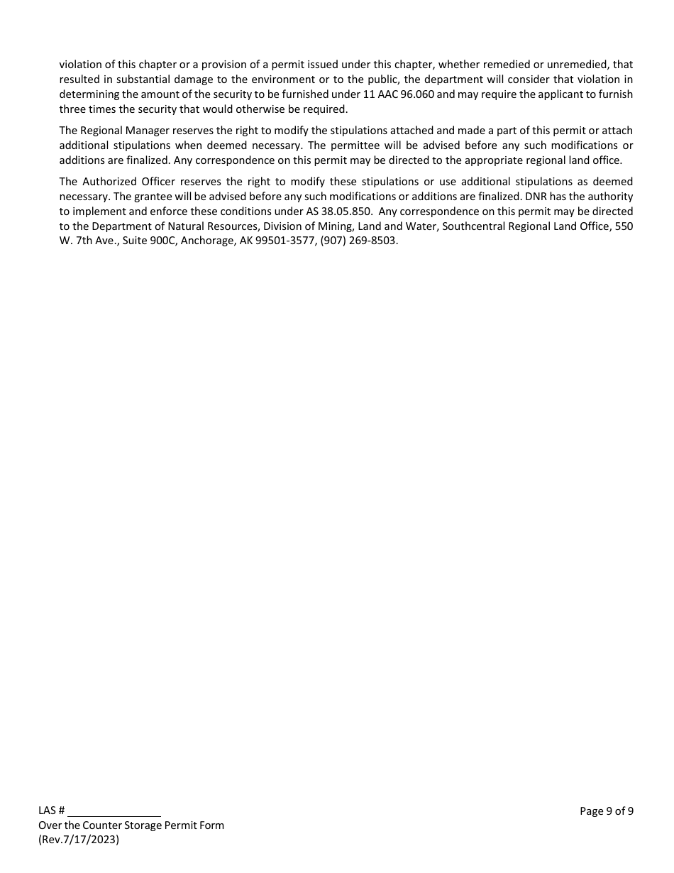 Over the Counter Storage Permit Application - Alaska, Page 11