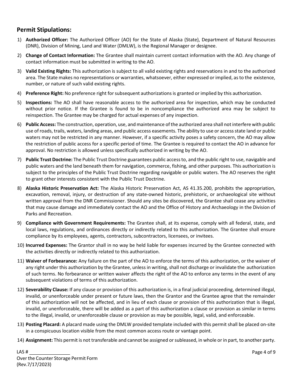 Over the Counter Storage Permit Application - Alaska, Page 6