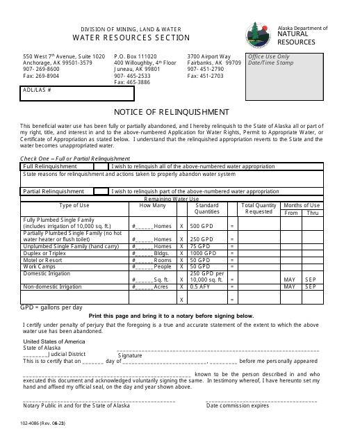 Form 102-4086 Notice of Relinquishment of Water Right - Alaska