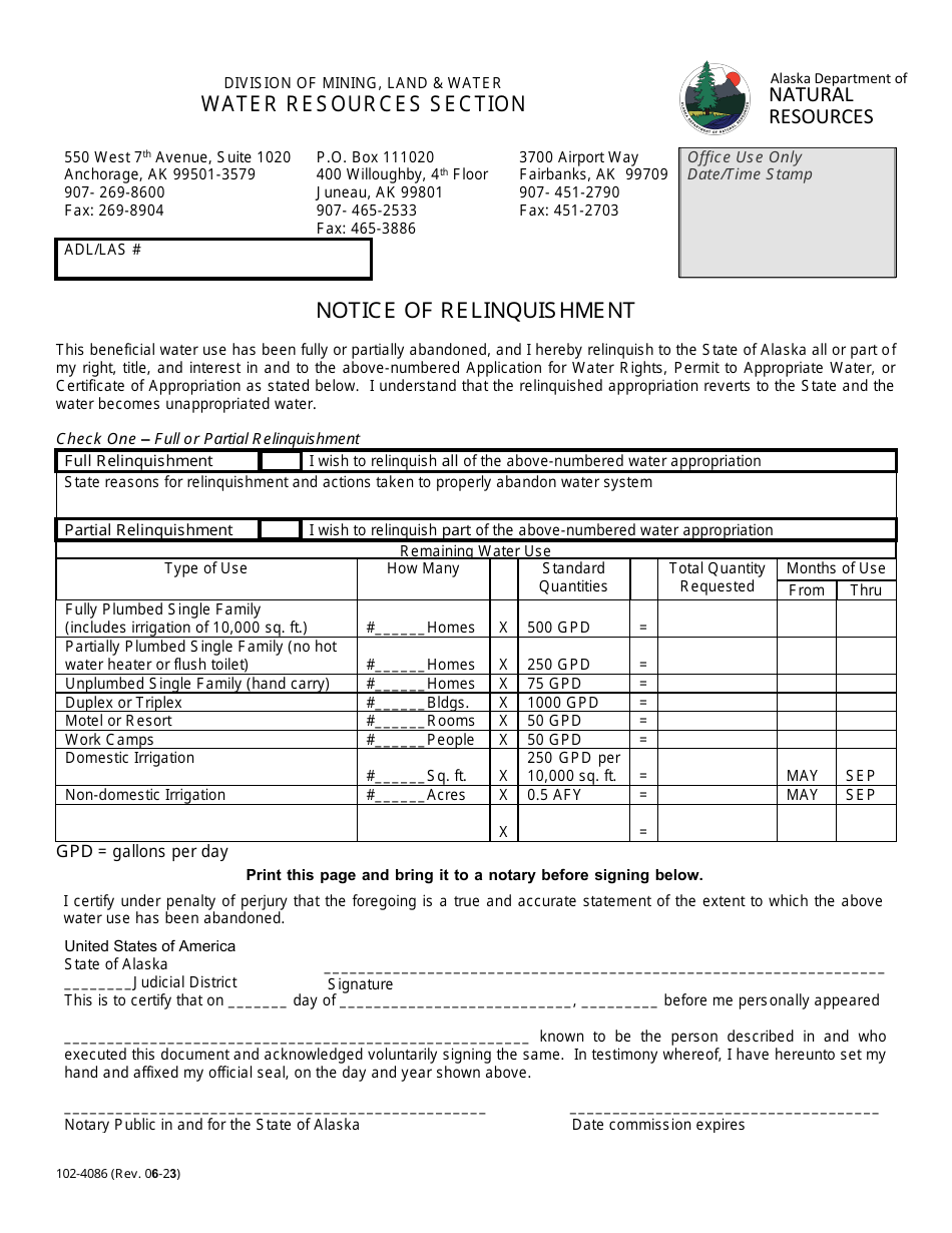 Form 102-4086 Notice of Relinquishment of Water Right - Alaska, Page 1