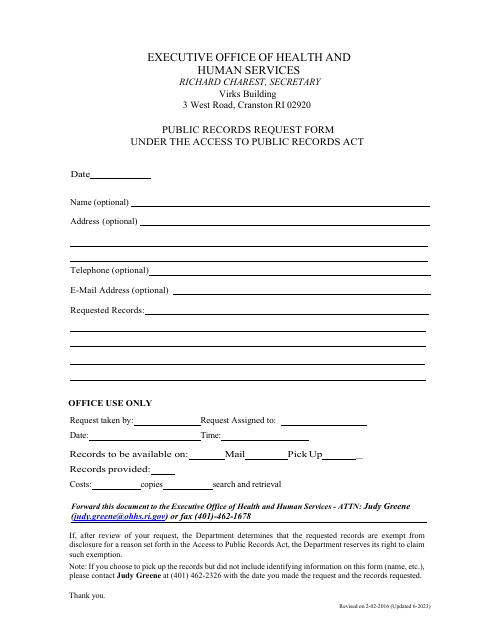 Public Records Request Form Under the Access to Public Records Act - Rhode Island