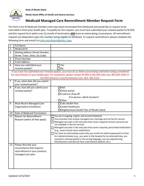 Medicaid Managed Care Reenrollment Member Request Form - Rhode Island Download Pdf