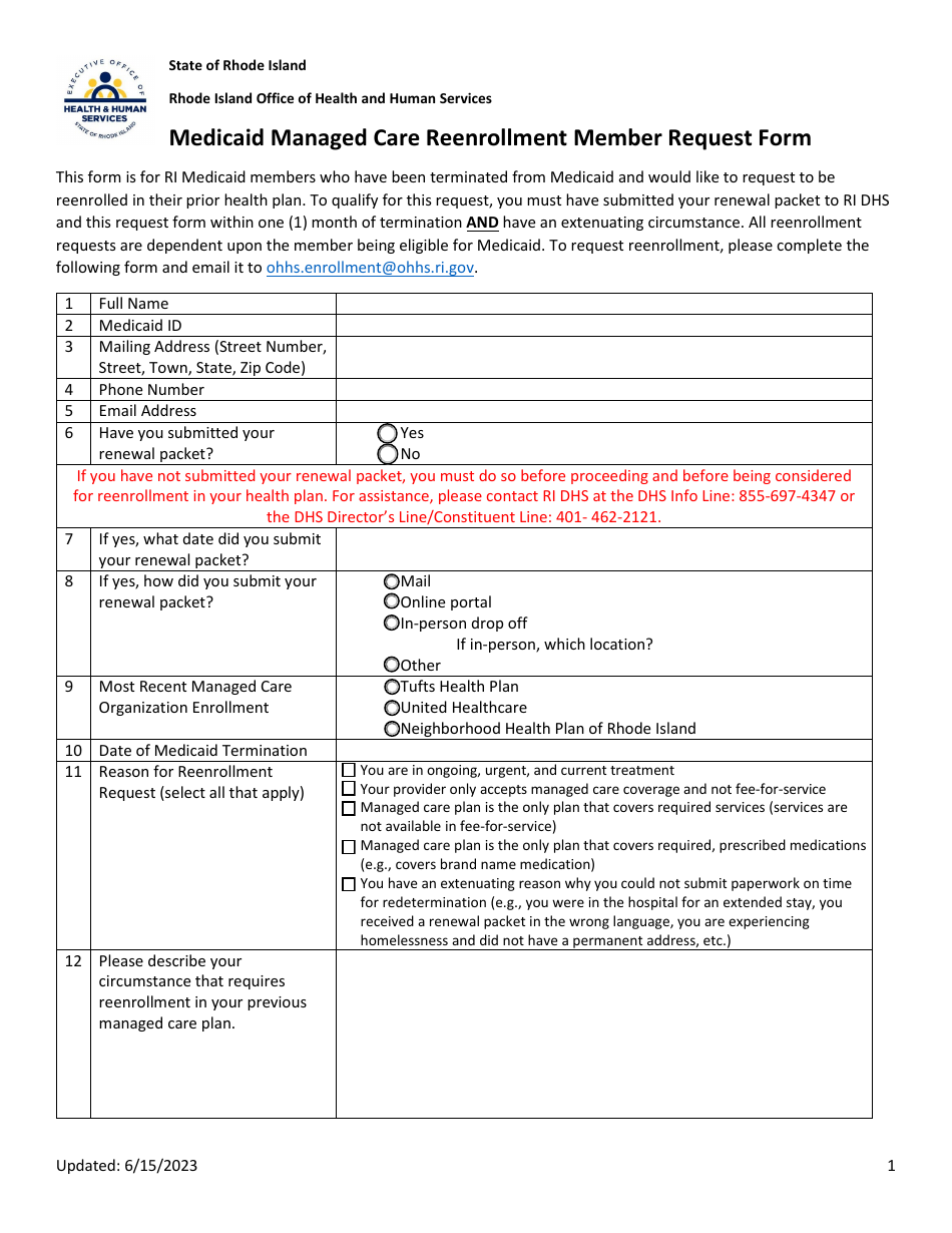 Medicaid Managed Care Reenrollment Member Request Form - Rhode Island, Page 1