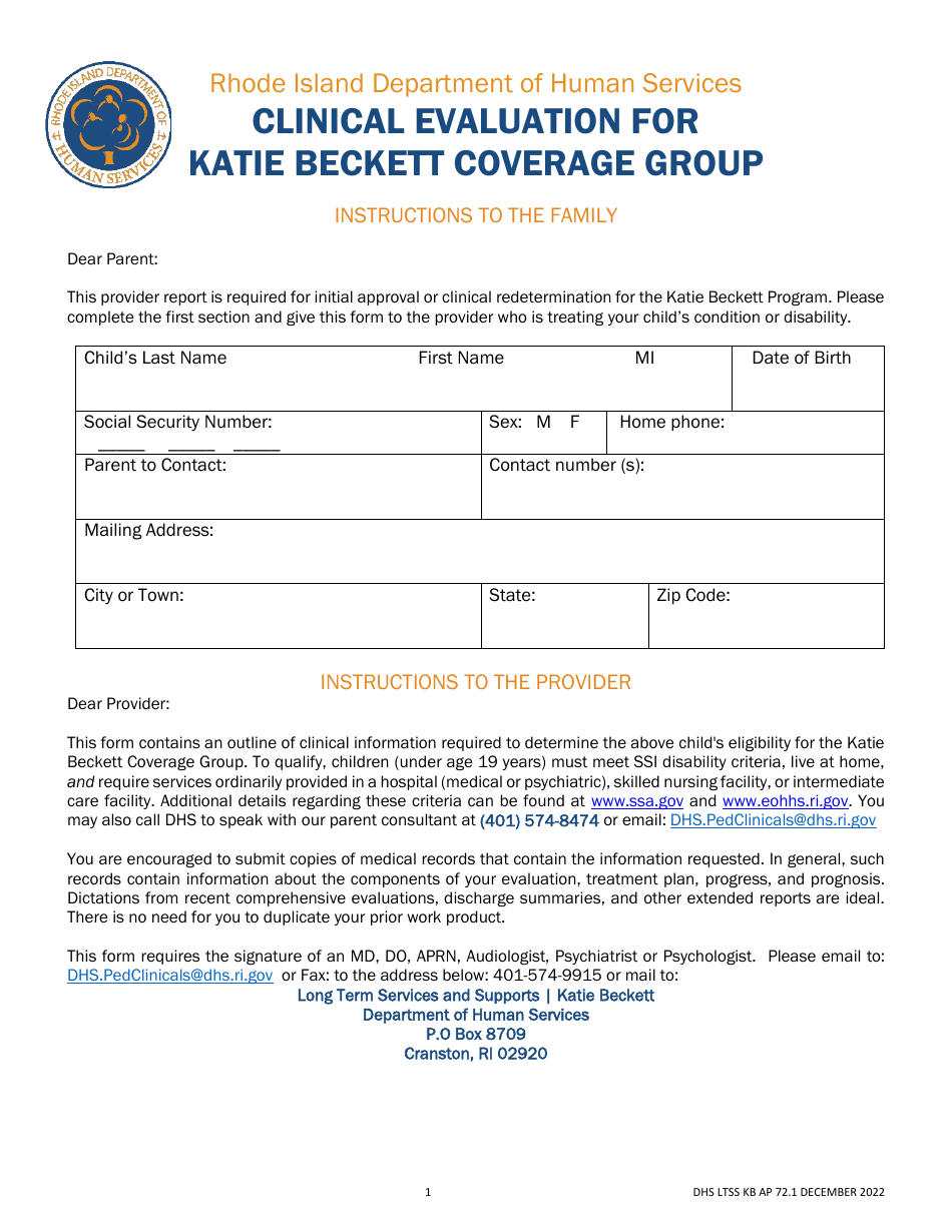 Form AP72.1 Clinical Evaluation for Katie Beckett Coverage Group - Rhode Island, Page 1