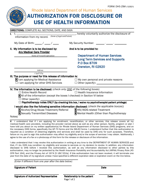 Form DHS-25M Authorization for Disclosure or Use of Health Information - Rhode Island