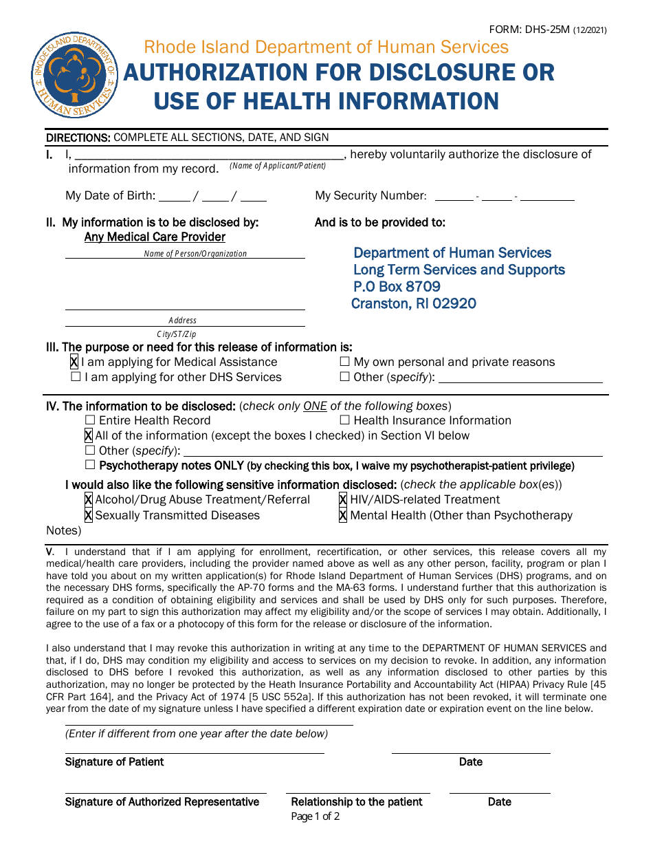 Form DHS25M Fill Out, Sign Online and Download Printable PDF, Rhode