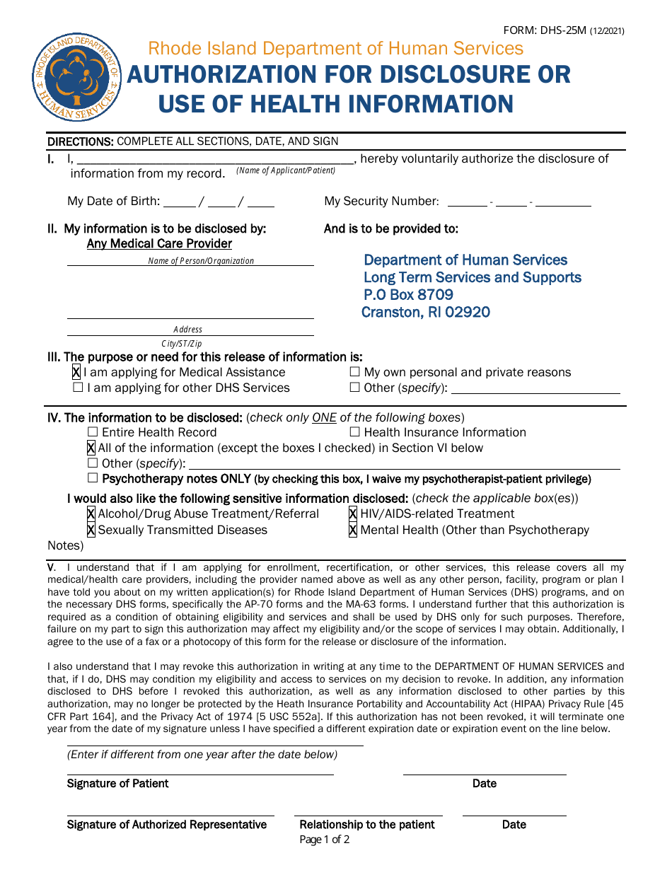 Form DHS-25M Authorization for Disclosure or Use of Health Information - Rhode Island, Page 1