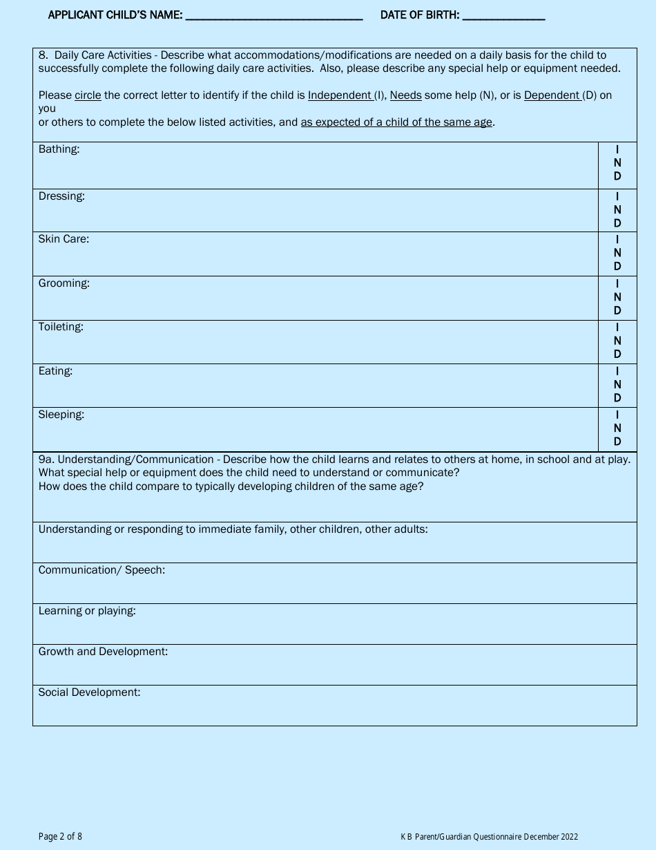 Katie Beckett Parent / Guardian Questionnaire - Rhode Island, Page 2