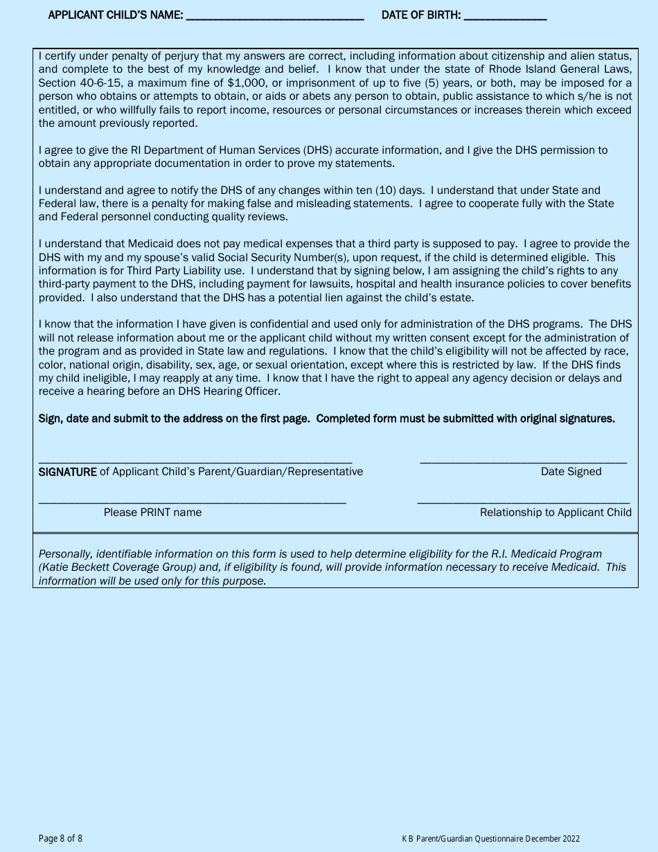 Katie Beckett Parent / Guardian Questionnaire - Rhode Island, Page 8
