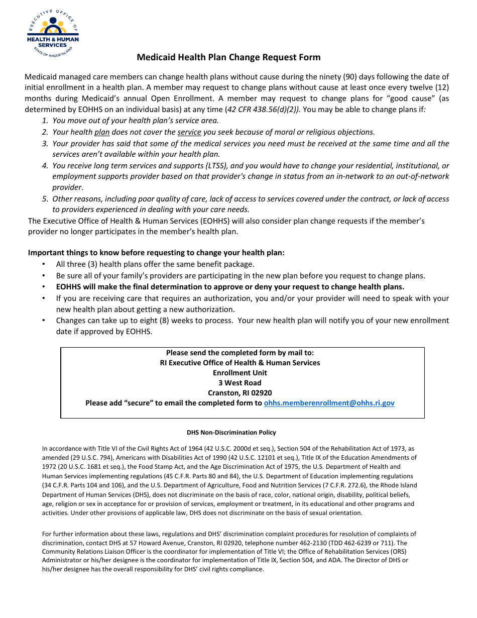 Rhode Island Medicaid Health Plan Change Request Form Fill Out, Sign