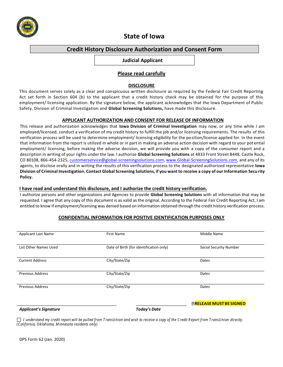DPS Form 62 Credit History Disclosure Authorization and Consent Form - Iowa, Page 3