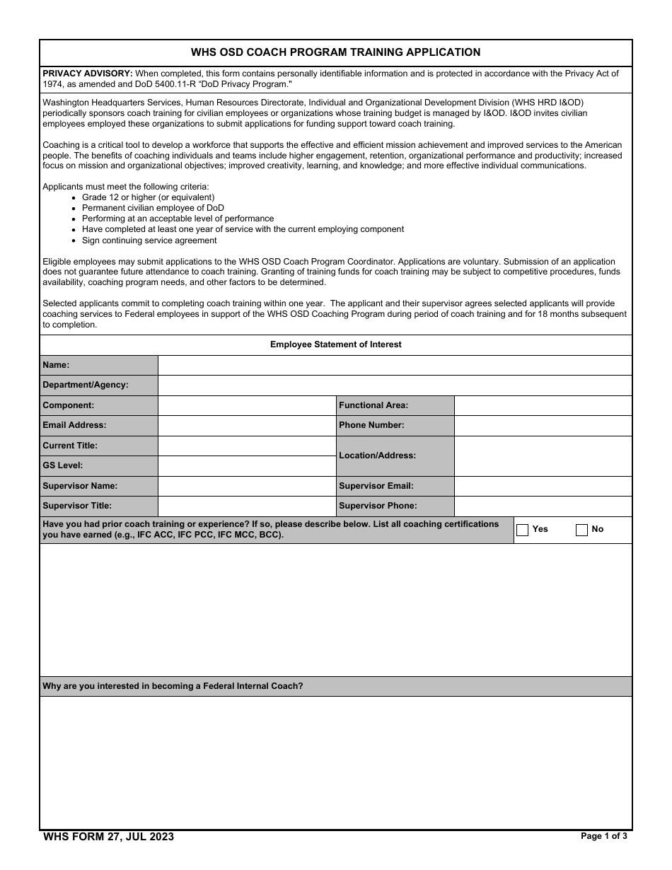 WHS Form 27 Coach Program Training Application, Page 1