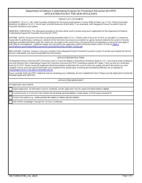 DD Form 3190 Application Packet for New Applicants - Credentialing Program for Prevention Personnel (D-Cppp)