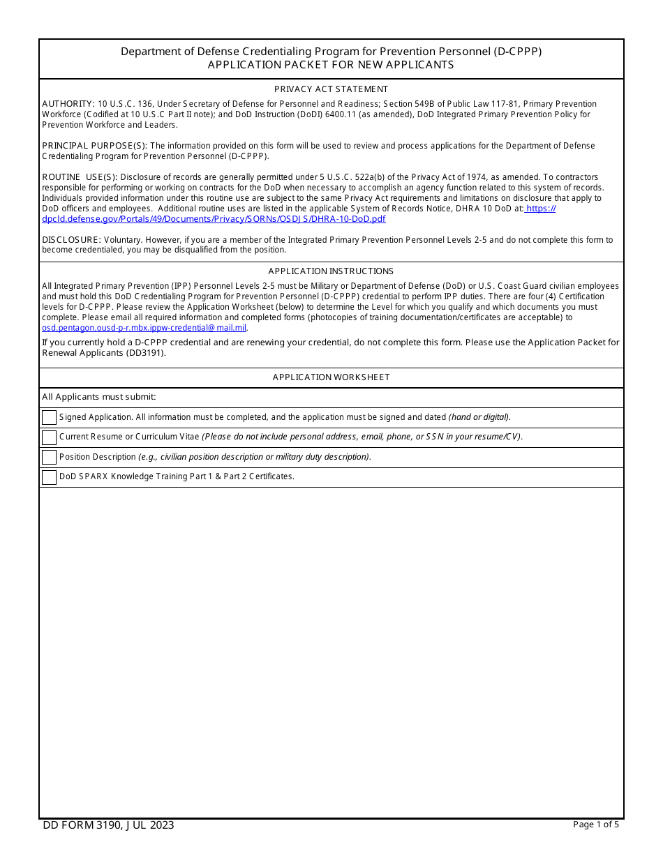 DD Form 3190 Application Packet for New Applicants - Credentialing Program for Prevention Personnel (D-Cppp), Page 1
