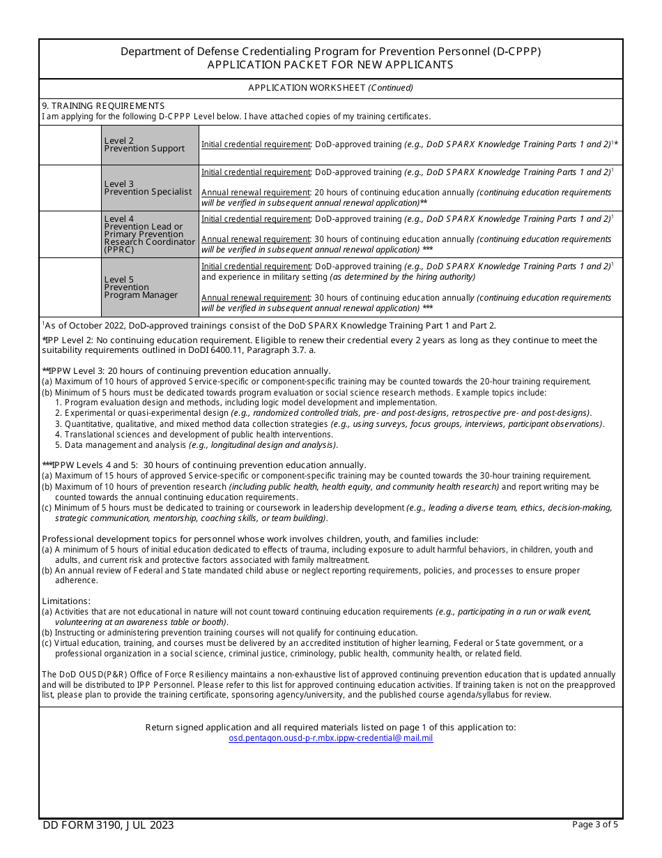 DD Form 3190 Application Packet for New Applicants - Credentialing Program for Prevention Personnel (D-Cppp), Page 3
