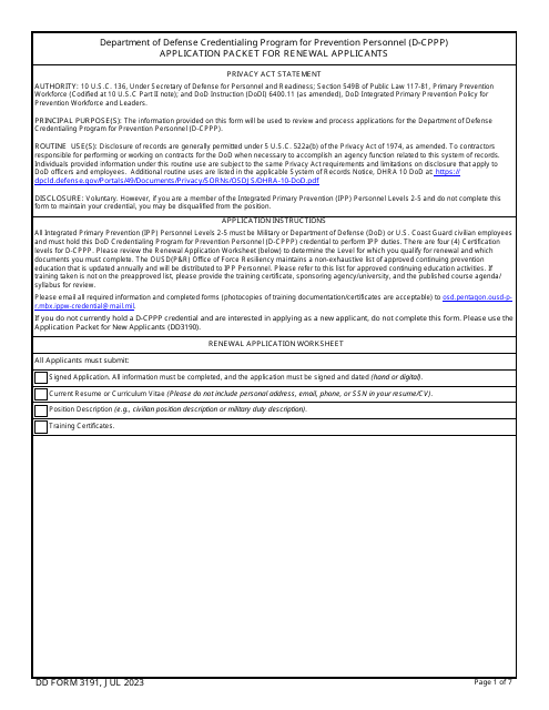DD Form 3191 Application Packet for Renewal Applicants - Credentialing Program for Prevention Personnel (D-Cppp)