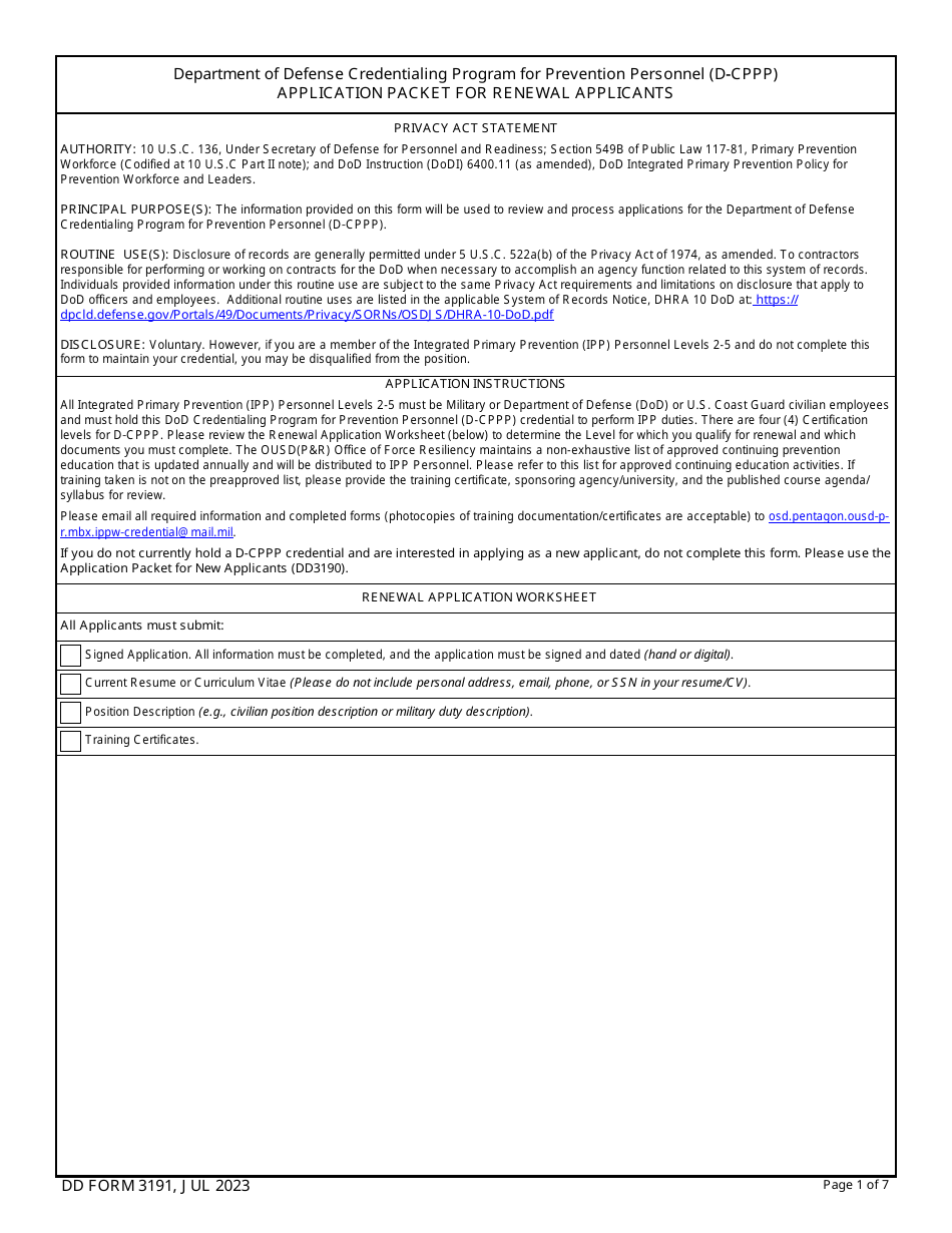 DD Form 3191 Application Packet for Renewal Applicants - Credentialing Program for Prevention Personnel (D-Cppp), Page 1