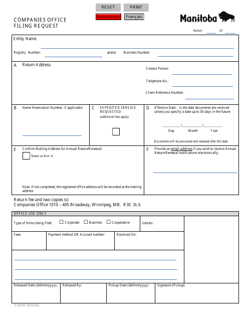 Form 001ENG Registration of a Business Name - Manitoba, Canada