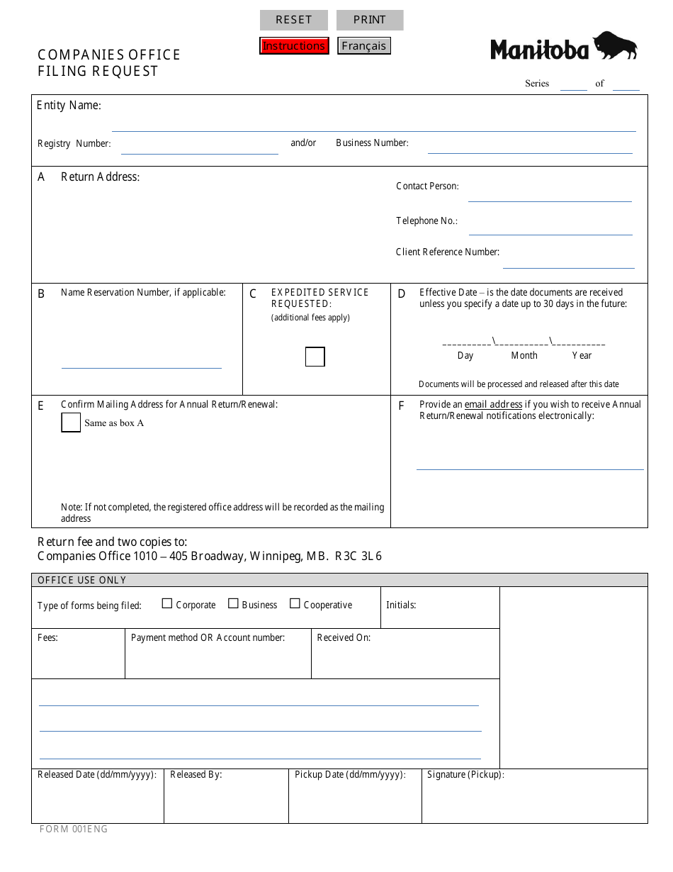 Form 001ENG Registration of a Business Name - Manitoba, Canada, Page 1