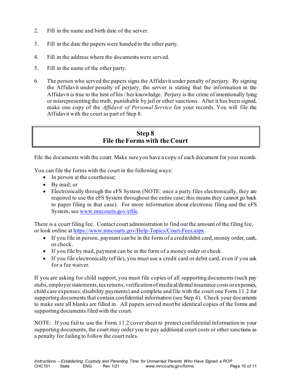 Form CHC101 Instructions - Establishing Custody and Parenting Time for Unmarried Parents Who Have Signed a Rop - Minnesota, Page 10