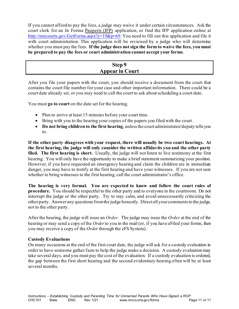 Form CHC101 Instructions - Establishing Custody and Parenting Time for Unmarried Parents Who Have Signed a Rop - Minnesota, Page 11