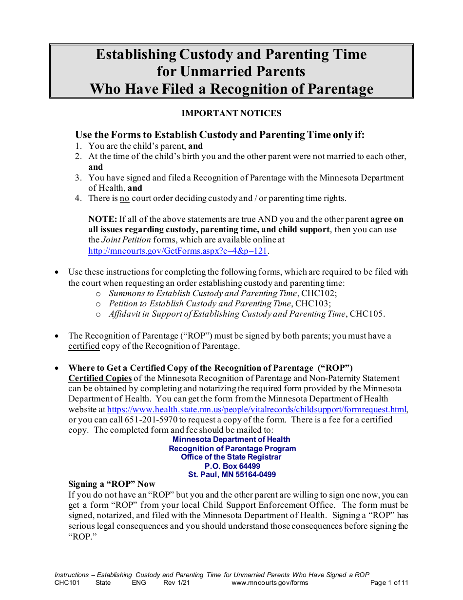 Form CHC101 Instructions - Establishing Custody and Parenting Time for Unmarried Parents Who Have Signed a Rop - Minnesota, Page 1