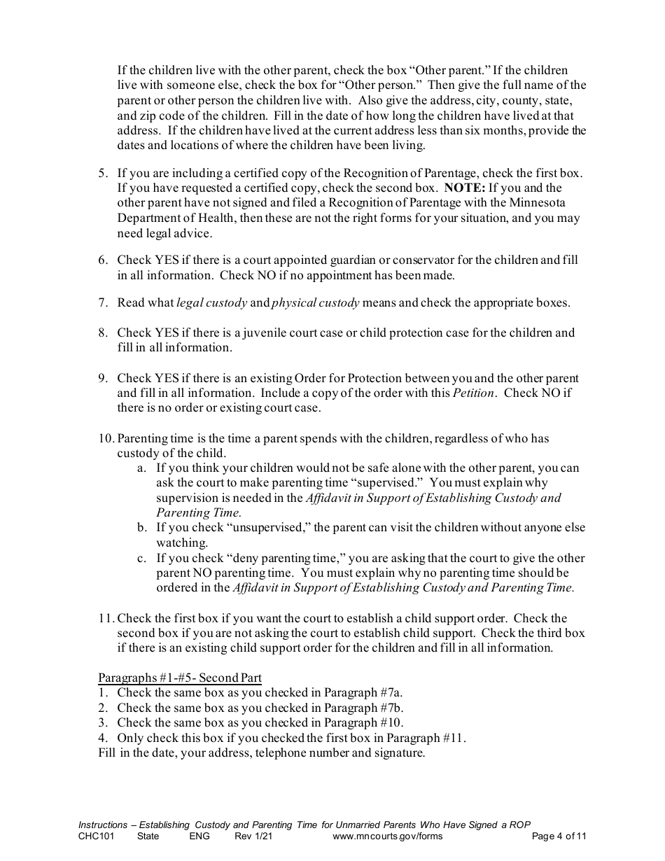 Form CHC101 Instructions - Establishing Custody and Parenting Time for Unmarried Parents Who Have Signed a Rop - Minnesota, Page 4