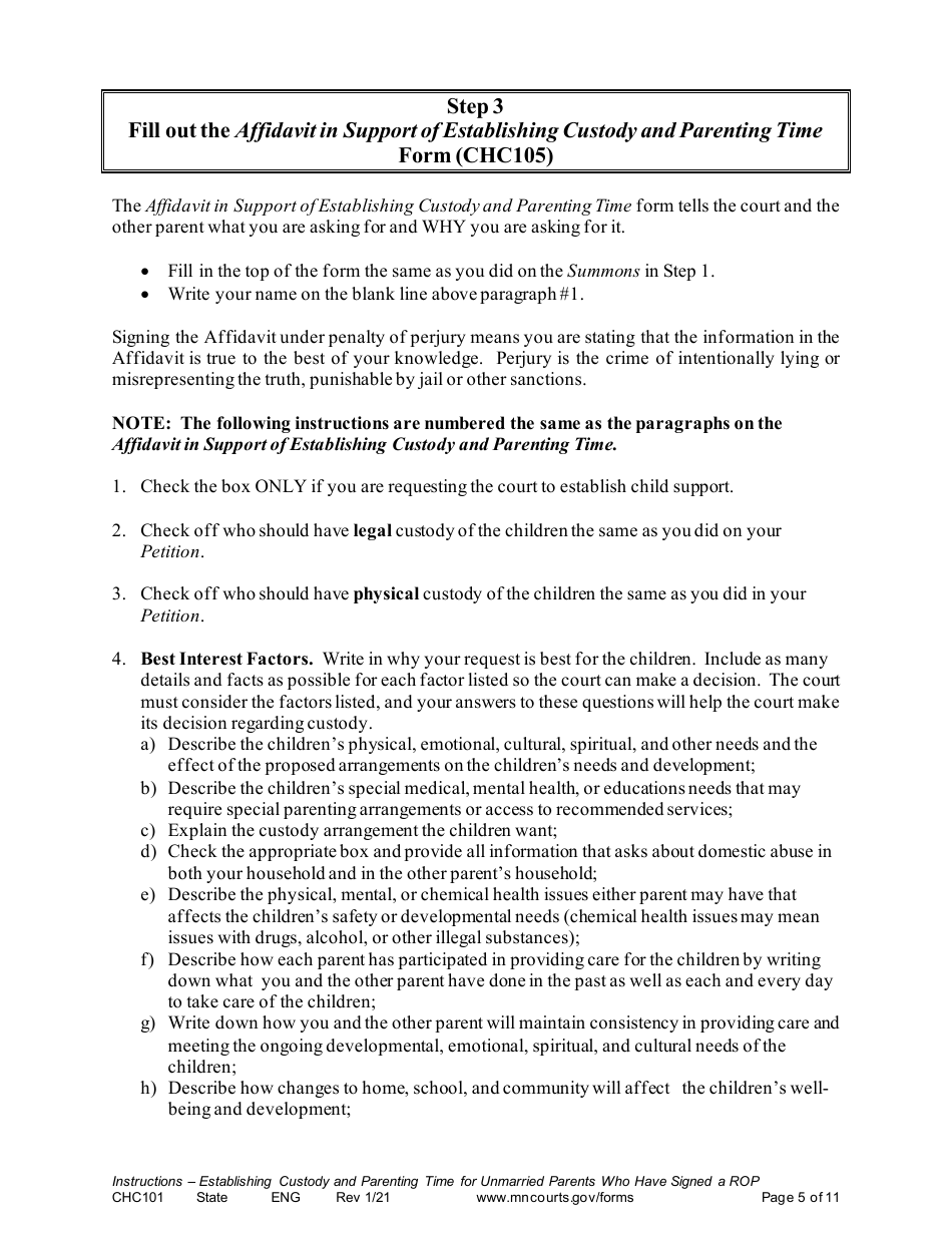 Form CHC101 Instructions - Establishing Custody and Parenting Time for Unmarried Parents Who Have Signed a Rop - Minnesota, Page 5