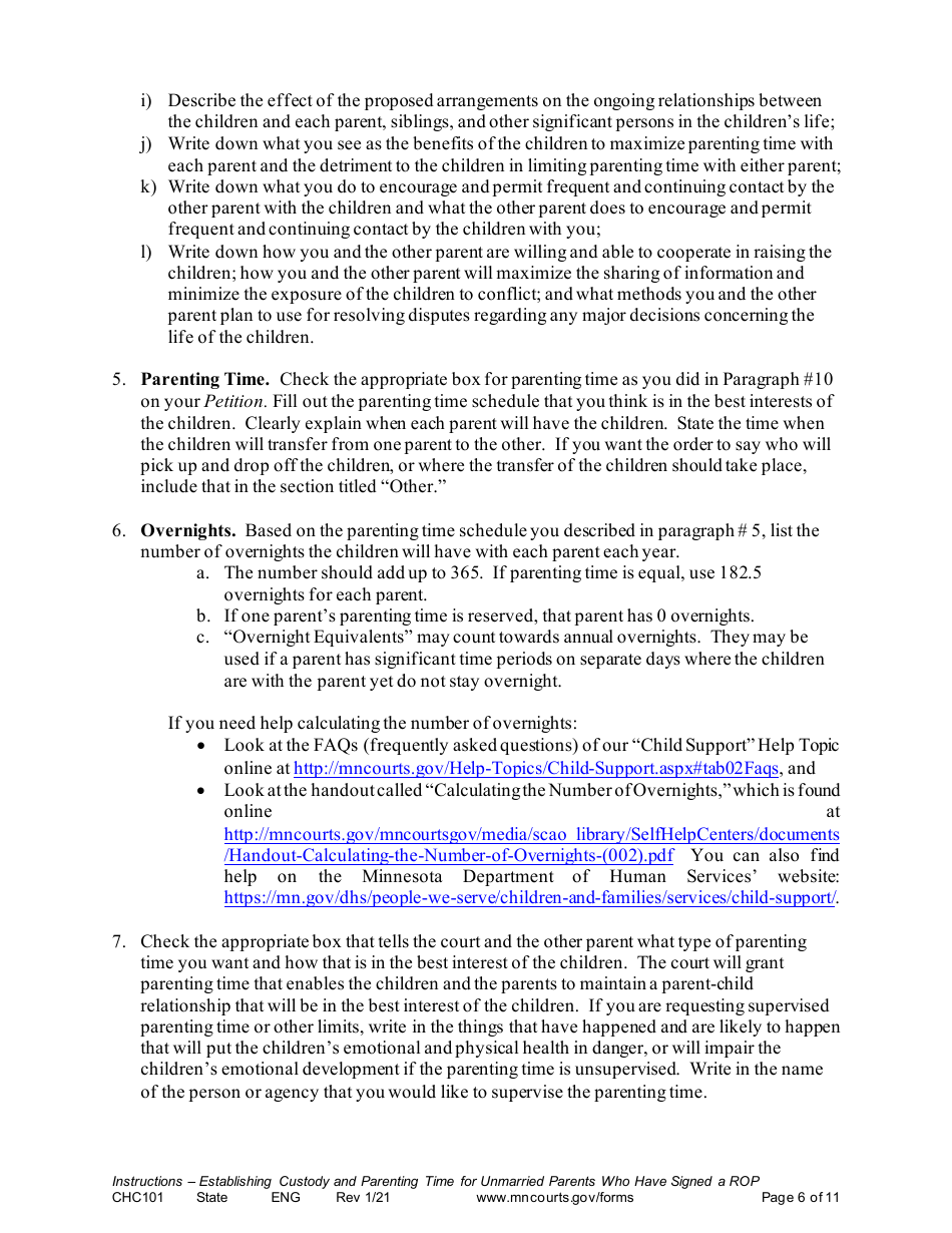 Form CHC101 Instructions - Establishing Custody and Parenting Time for Unmarried Parents Who Have Signed a Rop - Minnesota, Page 6