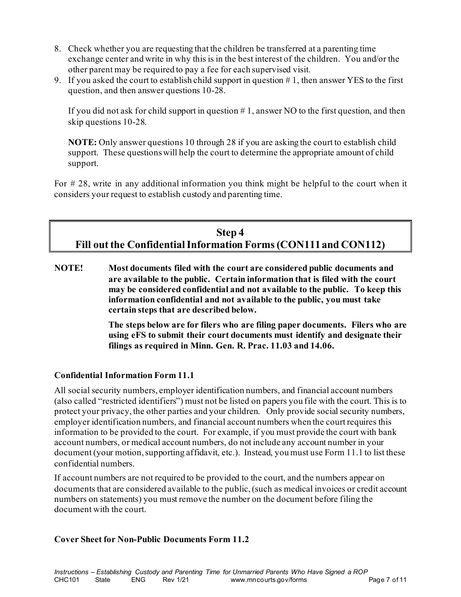 Form CHC101 Instructions - Establishing Custody and Parenting Time for Unmarried Parents Who Have Signed a Rop - Minnesota, Page 7
