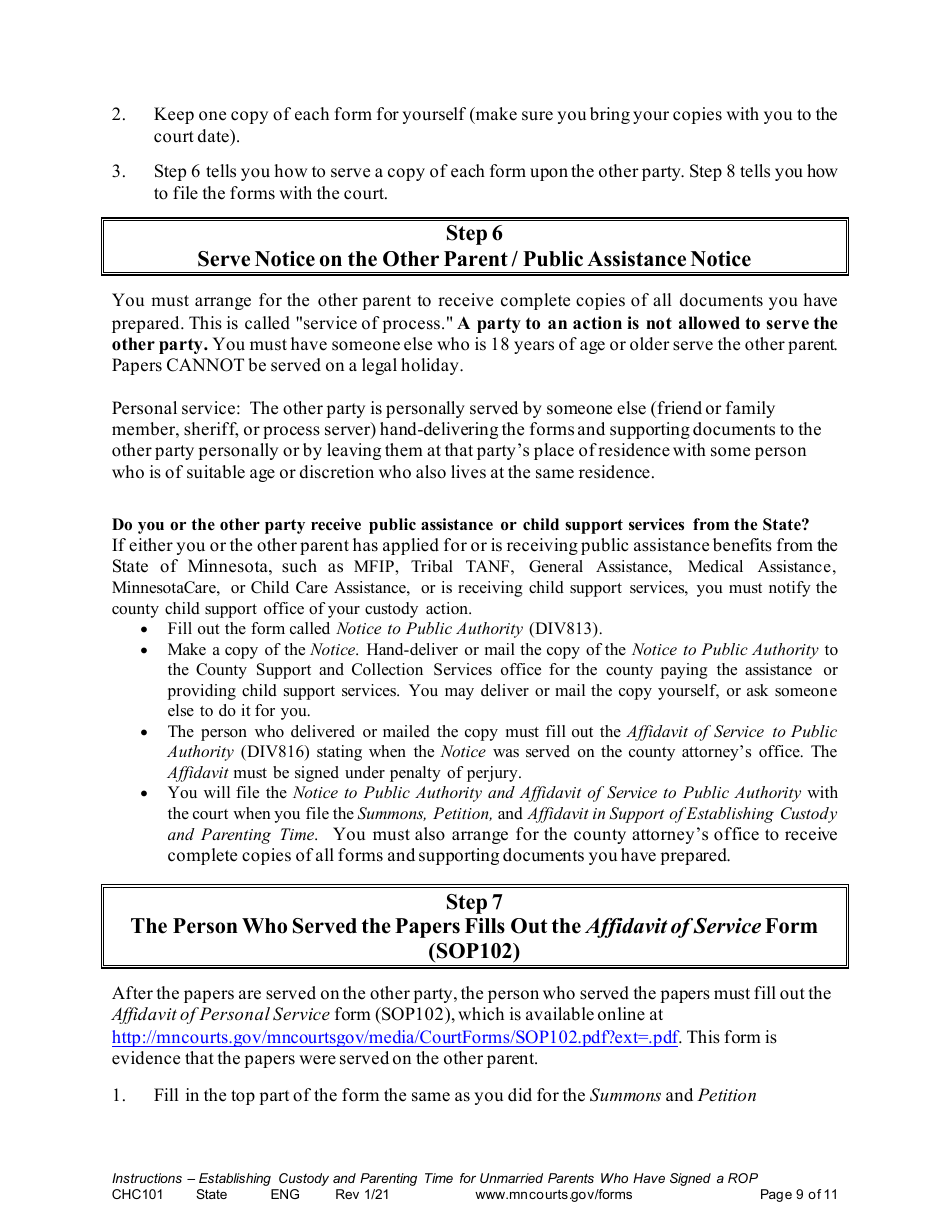Form CHC101 Instructions - Establishing Custody and Parenting Time for Unmarried Parents Who Have Signed a Rop - Minnesota, Page 9