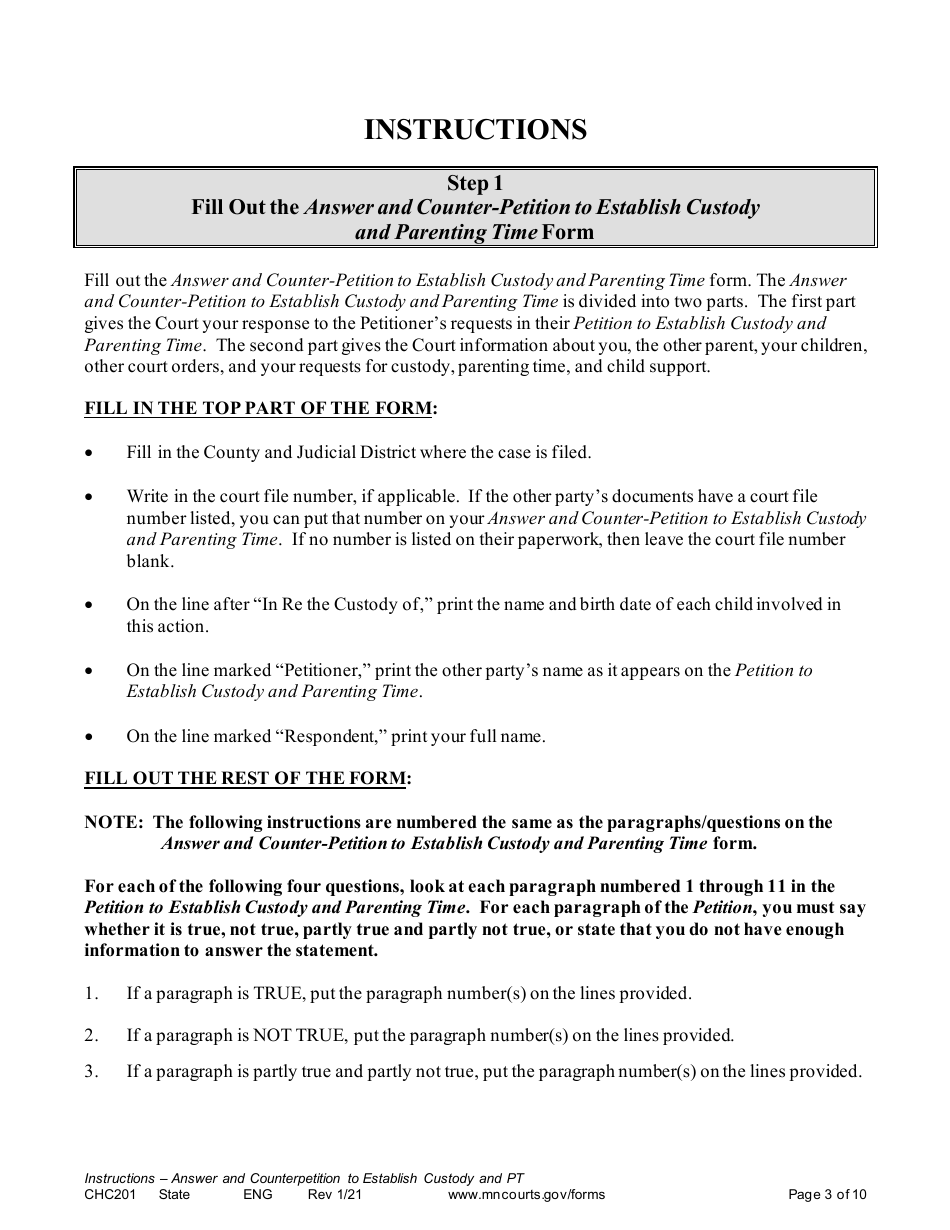 Form CHC201 Instructions - Response to Request to Establish Child Custody and Parenting Time - Minnesota, Page 3