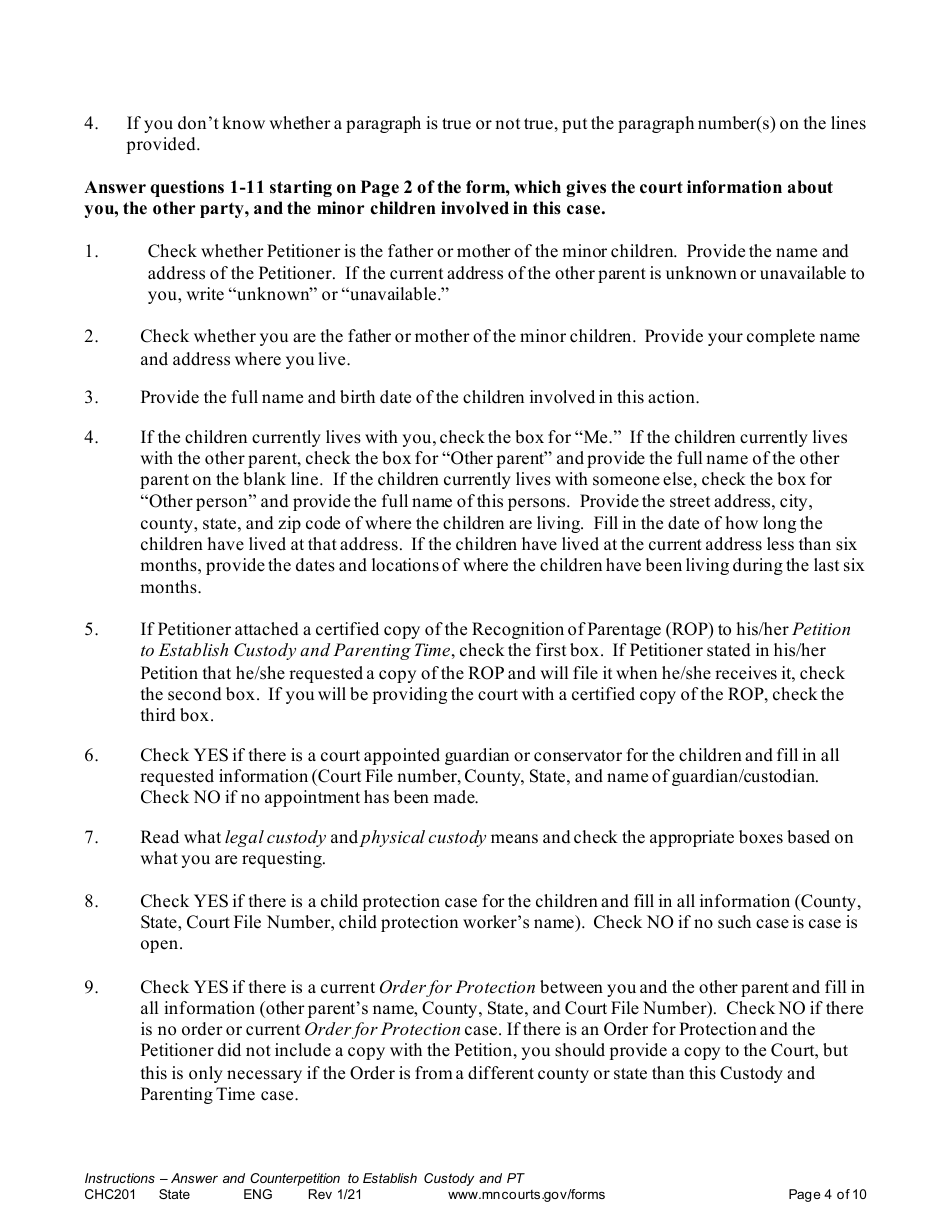 Form CHC201 Instructions - Response to Request to Establish Child Custody and Parenting Time - Minnesota, Page 4